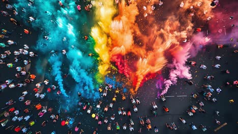 aerial view of a vibrant color run festival