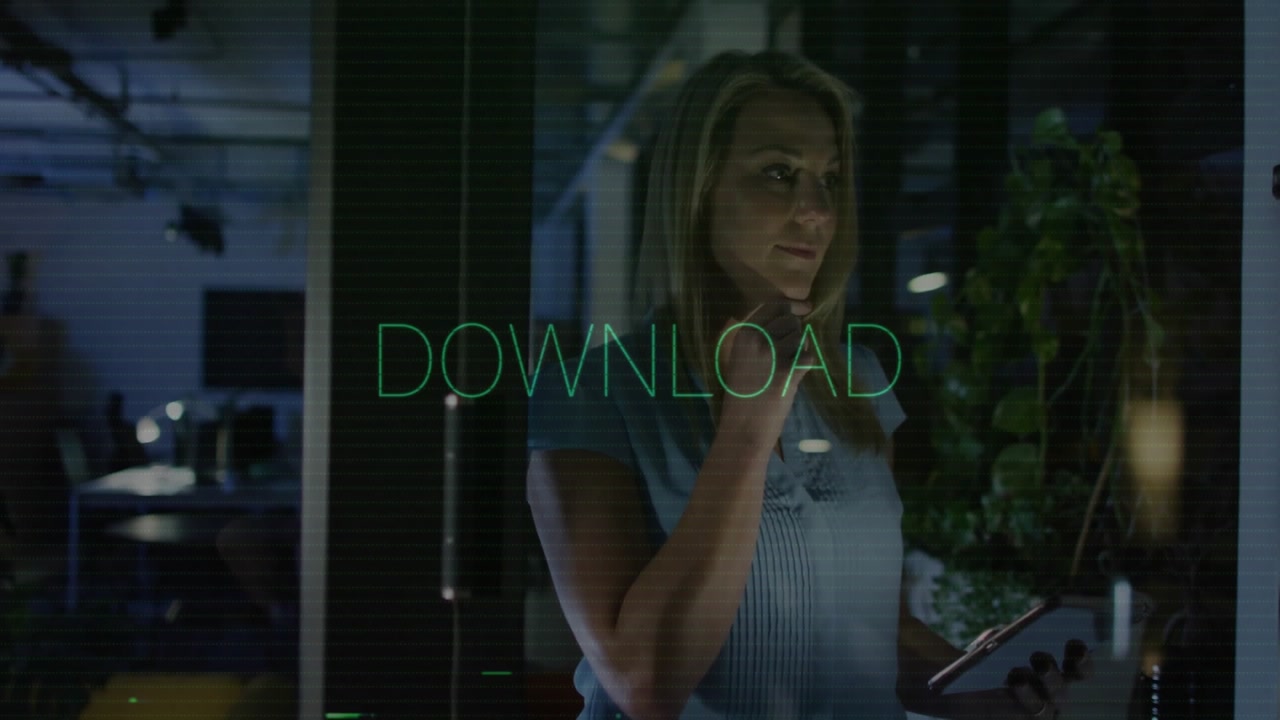 Professional woman tapping tablet at glass wall in tech office, monitoring glitchy download graphic