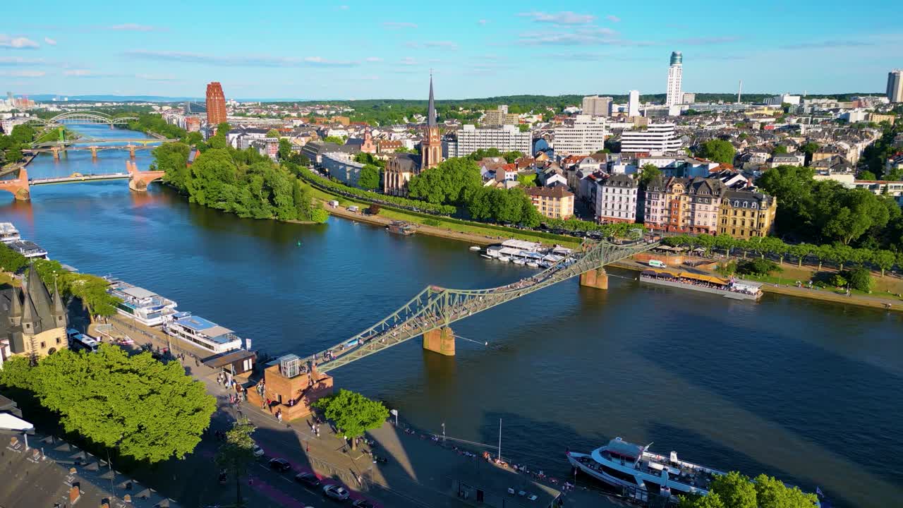 4K Drone Video of the Beautiful Churches, Buildings, Bridges and Tour Boats on the Main River in Downtown Frankfurt, Germany