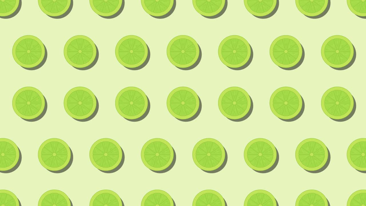 녹색 배경에 라임의 애니메이션 과일 아이콘의 패턴. 간단하고 세련된 반복된 요소와 함께 원활한 루프 음식 애니메이션.