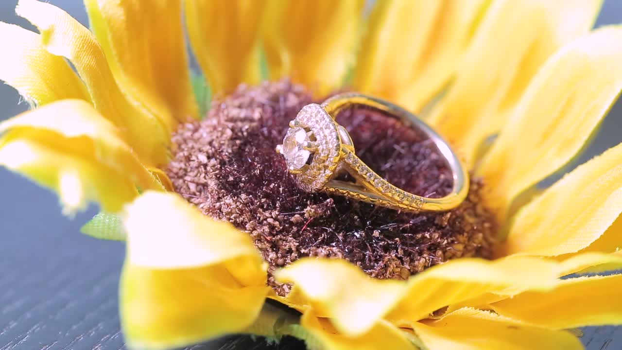 Wedding ring placed on a sun flower with a light moving around it