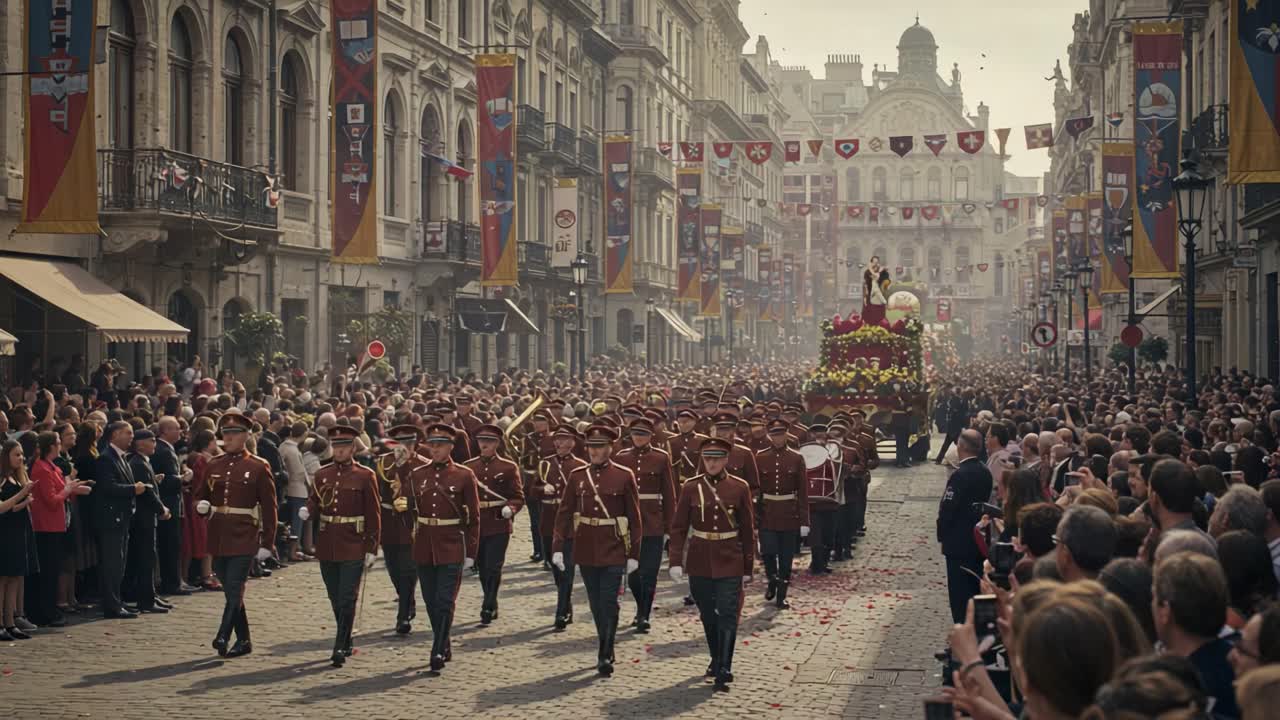 Spectacular Parade Featuring Majestic Float and Uniformed Marchers amidst a Crowded Street Celebration Captivating Enthusiastic Onlookers with Colorful Banners and Decorations