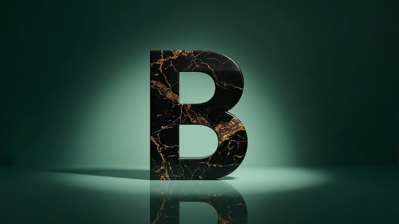 Shining spotlight intensifying over letter B on glossy platform in studio, highlighting gold veins