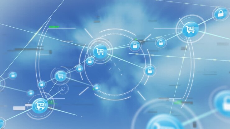 Animation of network of connections with online shopping icons over scope scanning