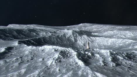 establishing shot of a space rocket and astronauts on the surface of the moon