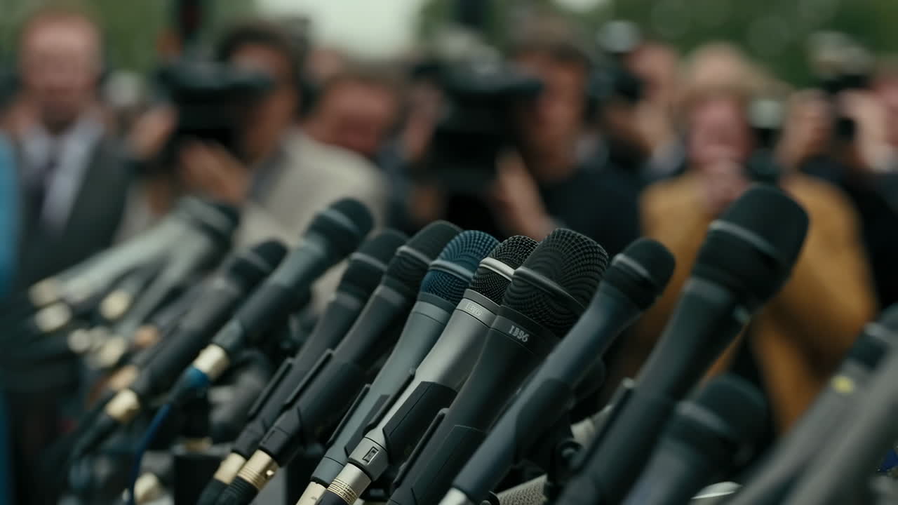 A group of microphones at a press conference