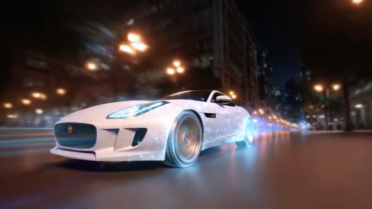 Una futuristica auto sportiva bianca con luci fluorescenti sfreccia per le strade di una città di notte, mostrando una sensazione di velocità e tecnologia avanzata catturata in un’immagine straordinaria