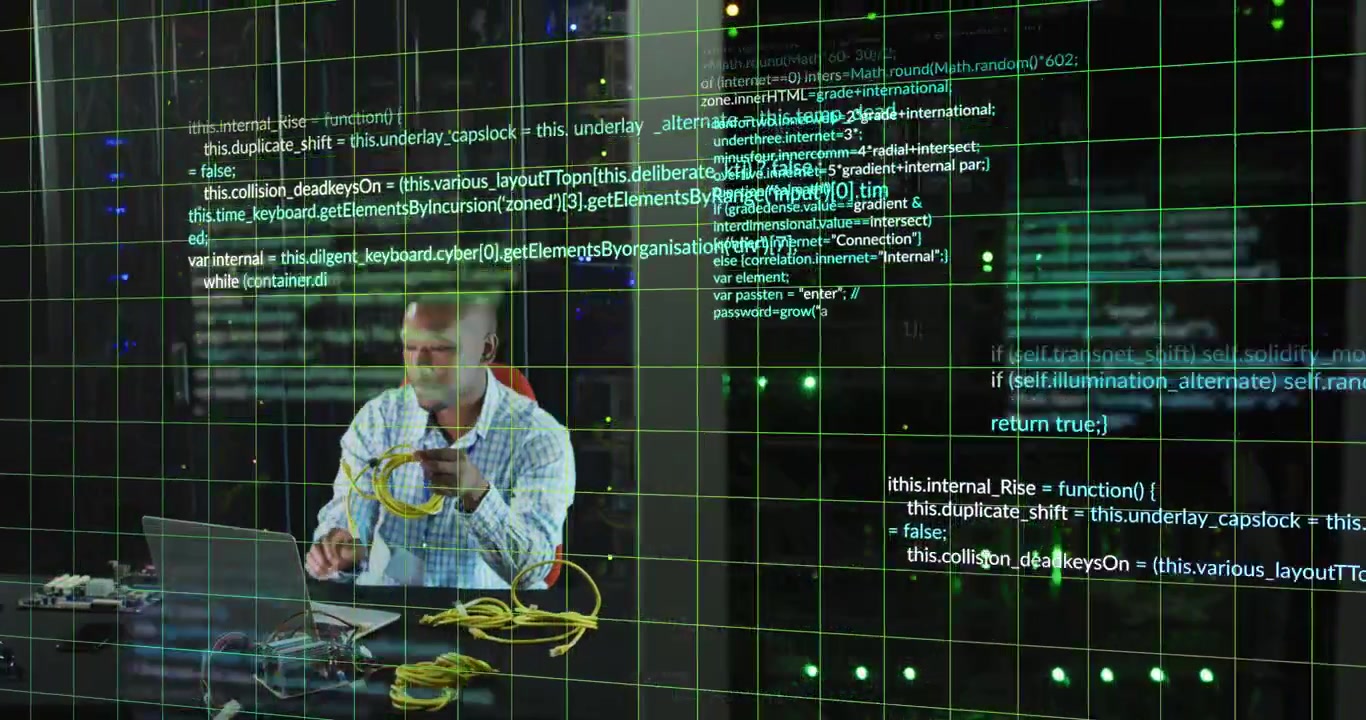 African American Technician Working in Data Center with Digital Code Overlay