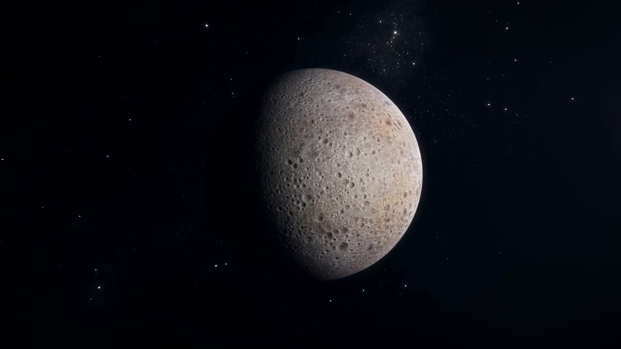 A cratered rocky moon or planet floats against a black star field, lit from the left with a soft shadowed edge and sparse distant stars in the background