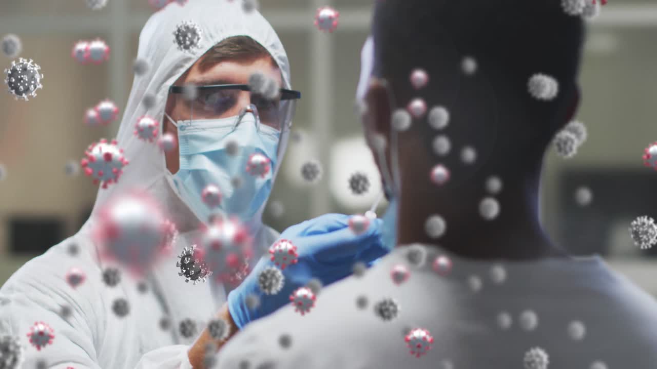 환자와 함께 백인 남성 의사에 대한 바이러스 세포의 애니메이션