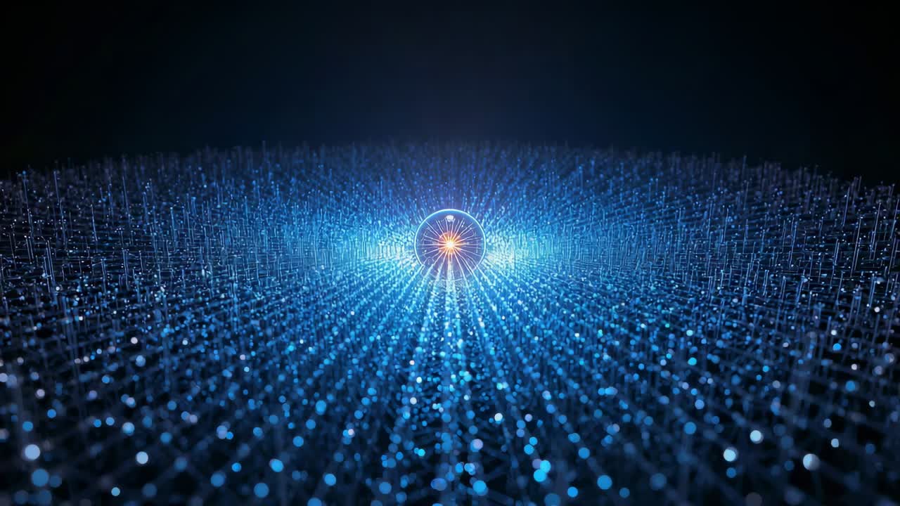 Pulsing central orb sending radial light across data plane, animating blue nodes and pillars