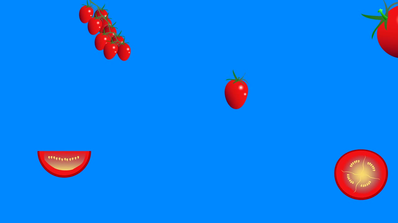 grupo de tomates elementos gráficos animación, bucle sin costuras, pantalla azul clave de croma