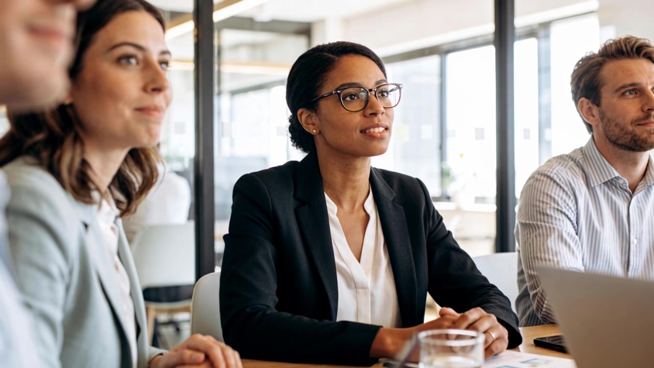 Listening woman in glasses, blazer watching offscreen speaker during meeting and glancing at laptop