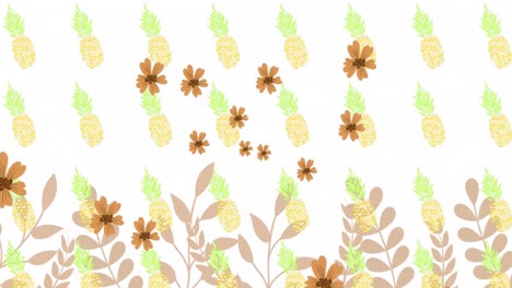 Animation-Von-Blumensymbolen-über-Ananassymbolen-Und--blättern