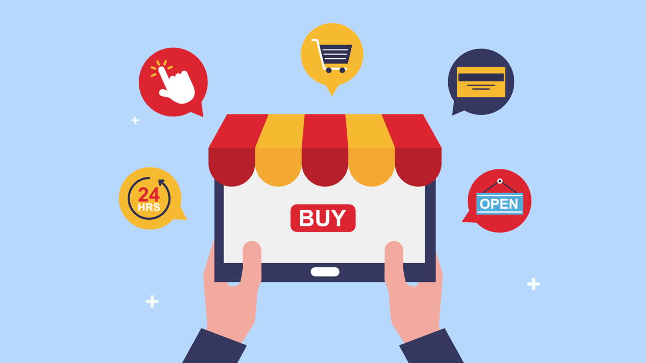 전자 상거래 아이콘을 가진 태블릿을 사용하는 손