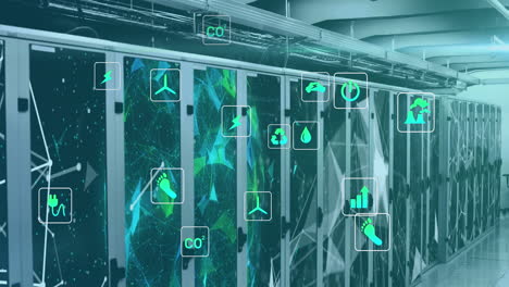 animation of eco icons and data processing over computer servers
