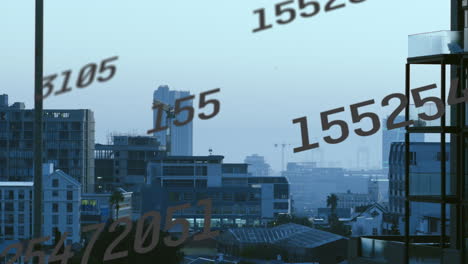 도시 풍경 위의 숫자 애니메이션과 데이터 처리