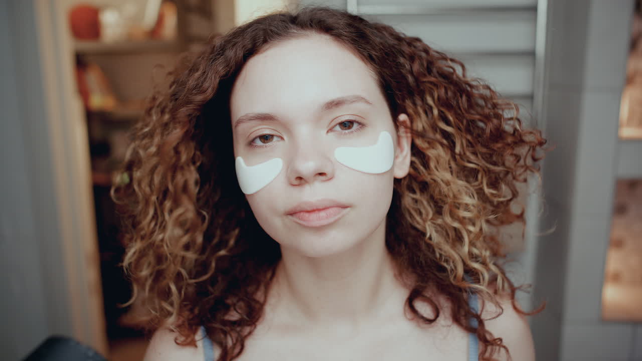 chica con parches debajo de los ojos secando su cabello rizado en el baño