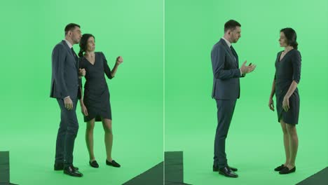 2-in-1 green screen collage: beautiful businesswoman and businessman, standing, talking, discussing business deal, doing financial consulting. multiple angle best value package: front and side views