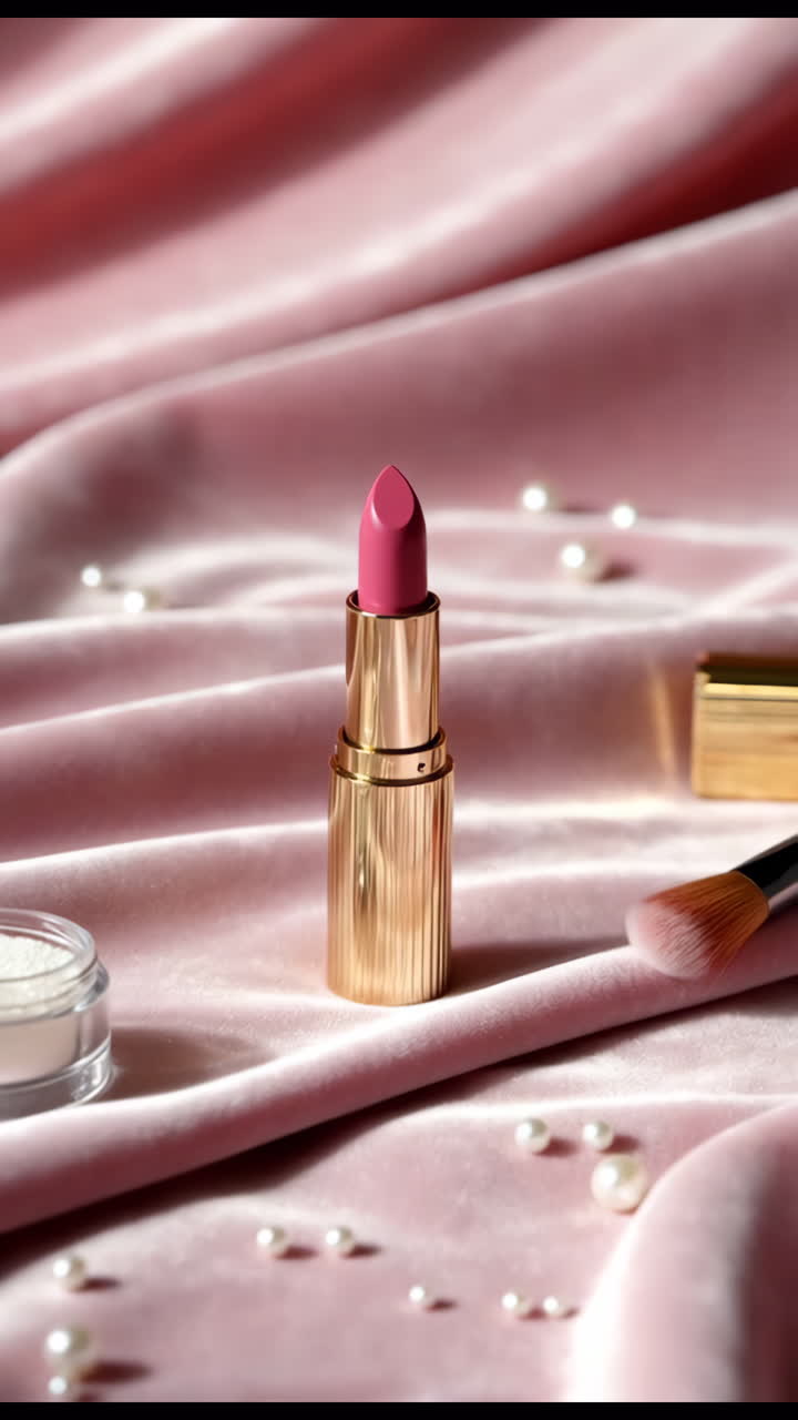 Pink Lipstick on Pink Velvet with Pearls and Makeup