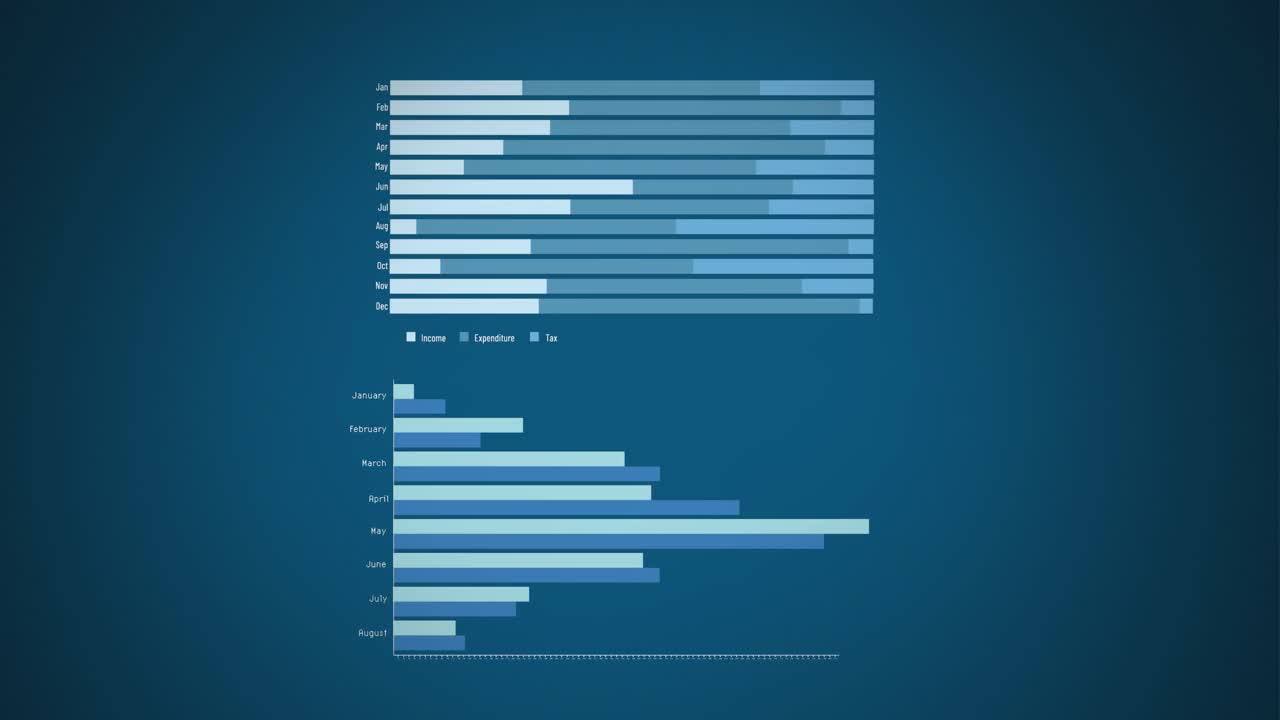 animación de diversos gráficos sobre un fondo azul