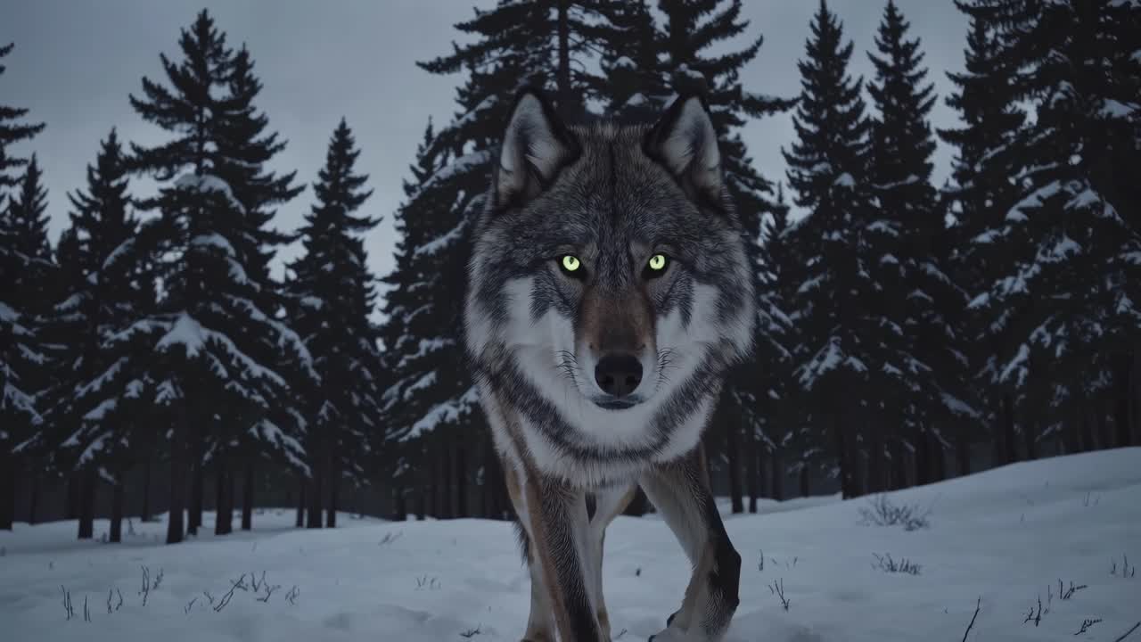 A wolf with glowing eyes approaches through a snowy forest