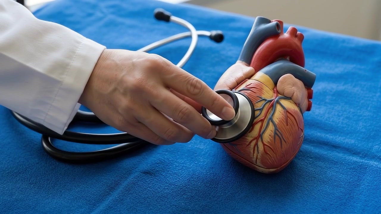 Læge bruger stetoskop på en anatomisk hjertemodel.