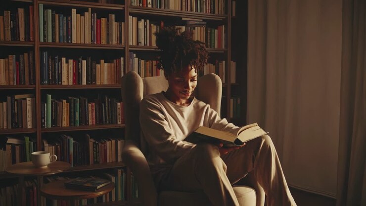 Video rilassante di una persona che legge in una biblioteca illuminata in modo caldo. Inquadratura dal basso