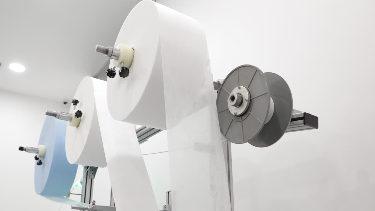 рулоны нетканого полотна спанбонд и мелтблаун для хирургической маски на подающих колесах машины для изготовления лицевых масок