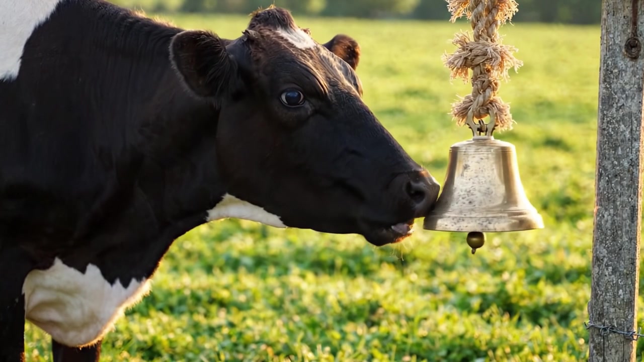 Una mucca curiosa si trova vicino a una campana rustica, mostrando il fascino della vita rurale mentre guarda lo strumento di metallo in un sereno pascolo verde