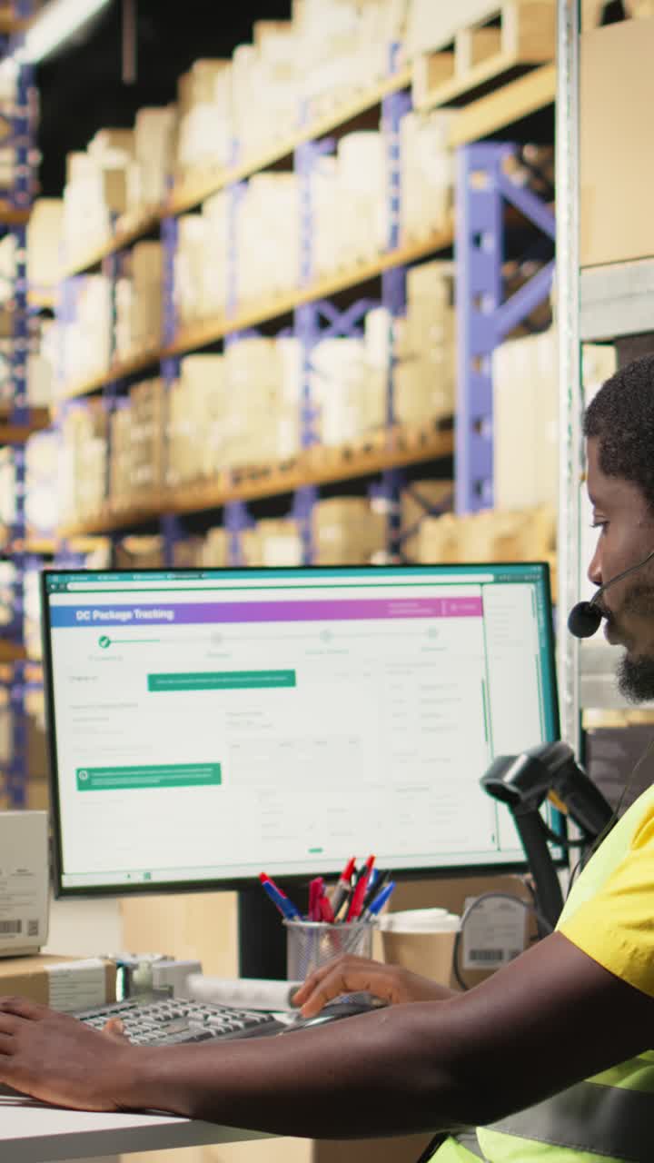 Vertical Video Customer support employee assisting clients in an industrial logistics hub
