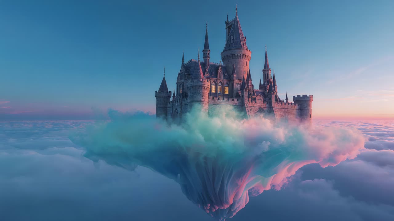 Zoom della camera che rivela un castello di pietra su un piedistallo di nuvole color turchese sopra le nuvole basse, con finestre illuminate
