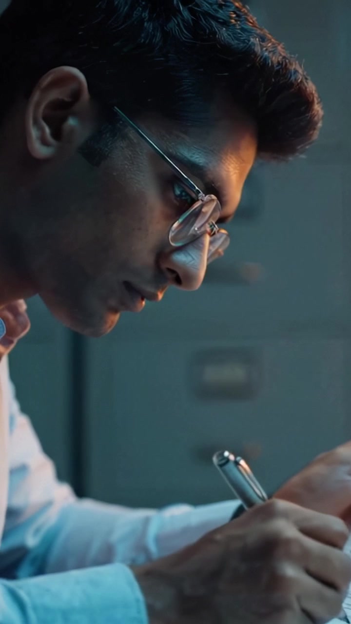 Individuo concentrato che scrive diligentemente su documenti importanti in un ambiente d'ufficio tranquillo e poco illuminato, evidenziando concentrazione e attenzione ai dettagli.