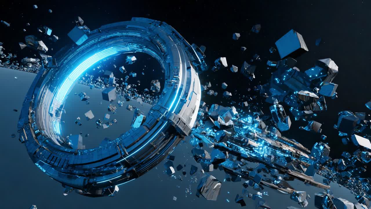 A Futuristic Space Portal Surrounded by Glowing Debris and Cosmic Elements, Creating an Awe-Inspiring Visual of Interstellar Exploration and Advanced Technology