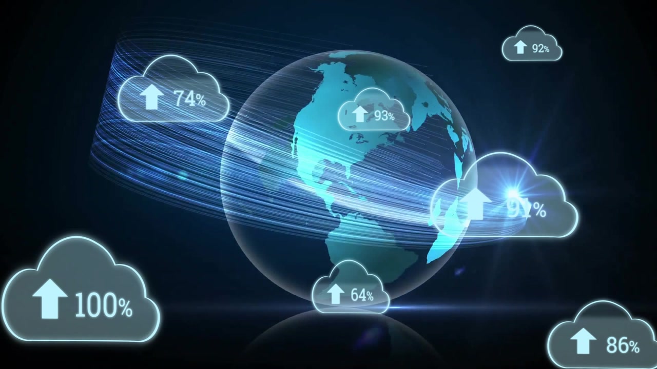 Cloud icons appearing 3D Earth globe rotating as values updating and streaks showing completion