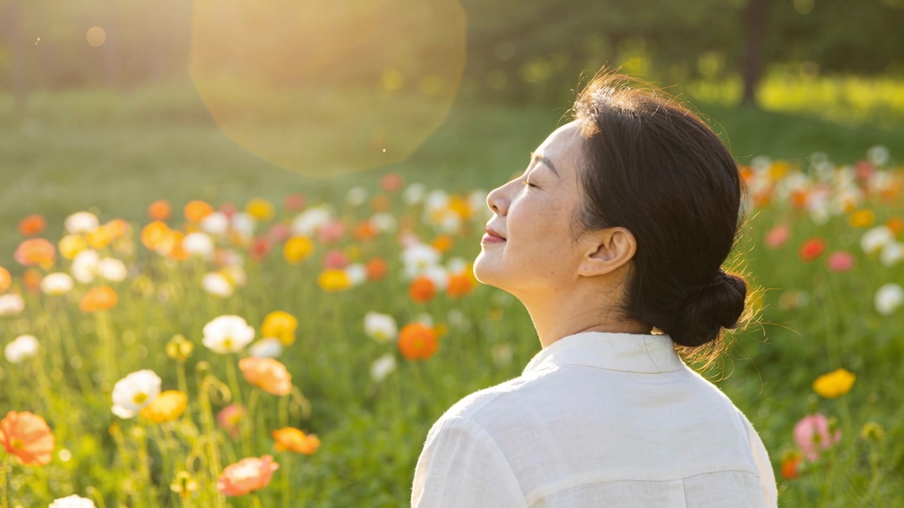 Mujer asiática con blusa blanca haciendo una pausa, respirando en un prado de flores con un destello solar cambiante, espacio para texto.