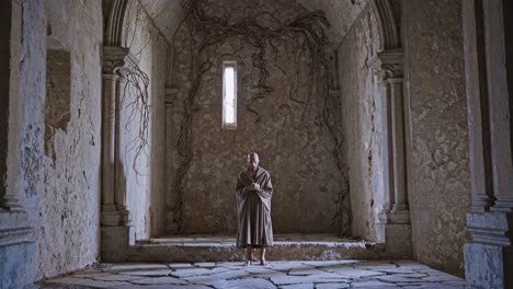 monk standing with hands clasped in prayer inside an ancient, abandoned chapel with climbing plants growing on the walls, conveying a sense of serenity, spirituality, and the passage of time
