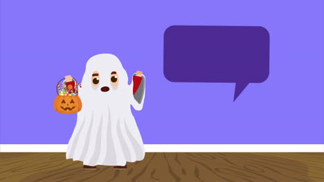 escena oscura de halloween con fantasma y burbuja de habla