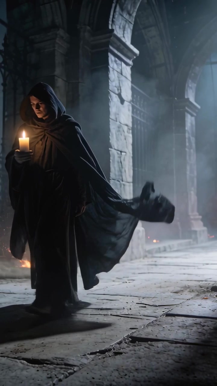 Video verticale: Persona incappucciata che cammina tenendo una candela attraverso una cripta, una folata di vento che solleva il mantello verso la luce.
