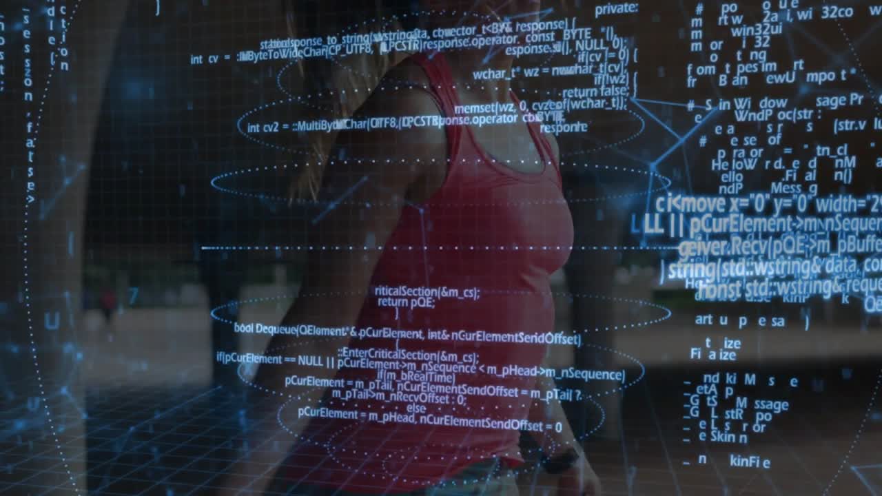 Woman starting twirl and adjusting strap in plaza, holographic tech code and grid shifting over her