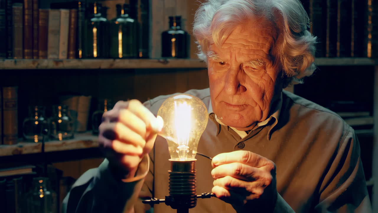 Elderly Scientist Working with a Light Bulb