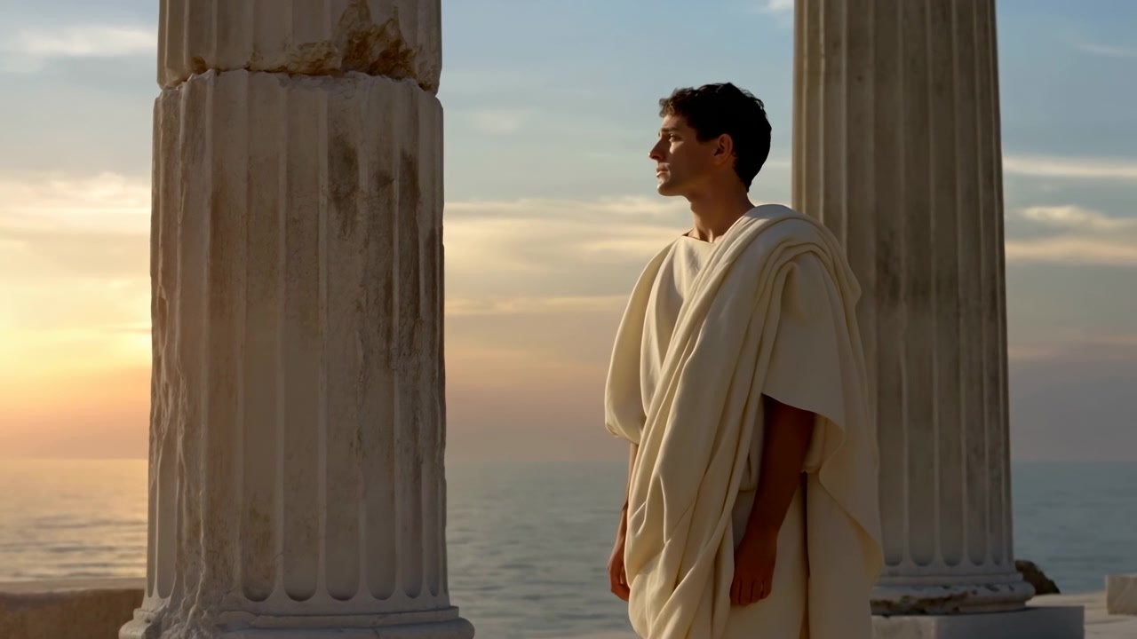 Una vista laterale mostra un giovane uomo in piedi tra alte colonne di pietra scanalate mentre il suo mento si solleva leggermente, la calda luce del tramonto che delinea il suo viso e il tessuto bianco a strati sopra un orizzonte oceanico calmo.