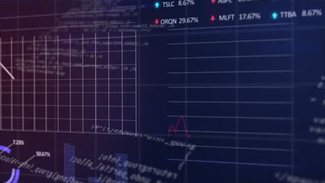 Animation-of-graphs,-trading-boards,-loading-circles-and-computer-language-over-black-background