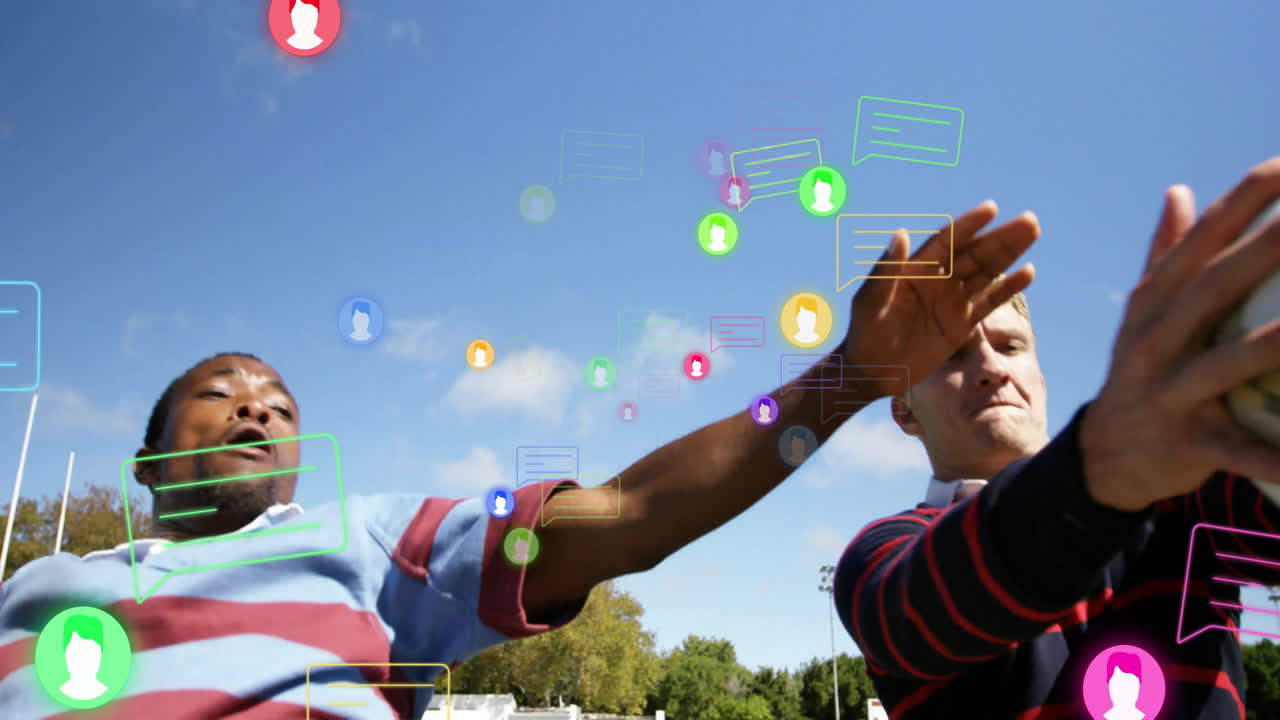 Interacting with colorful animation, two people engaging with social media icons