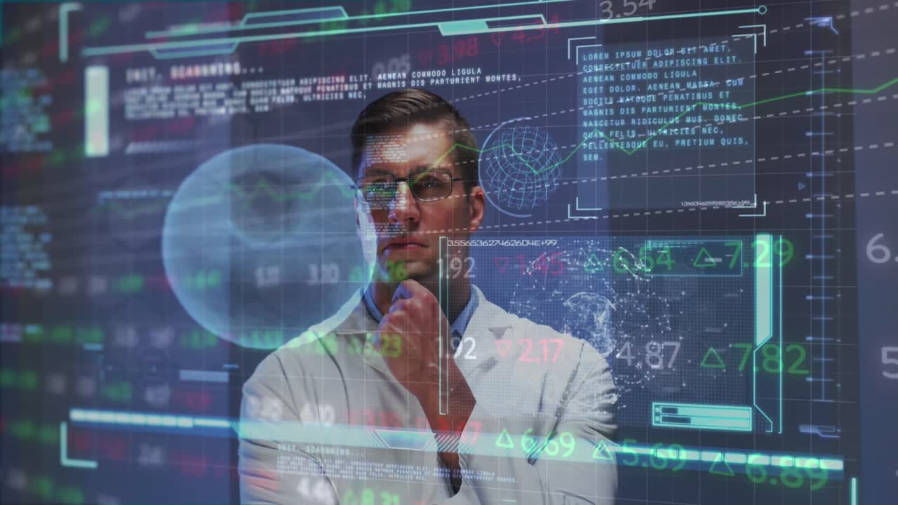 Animation of screen with covid 19 cell and data processing over male doctor