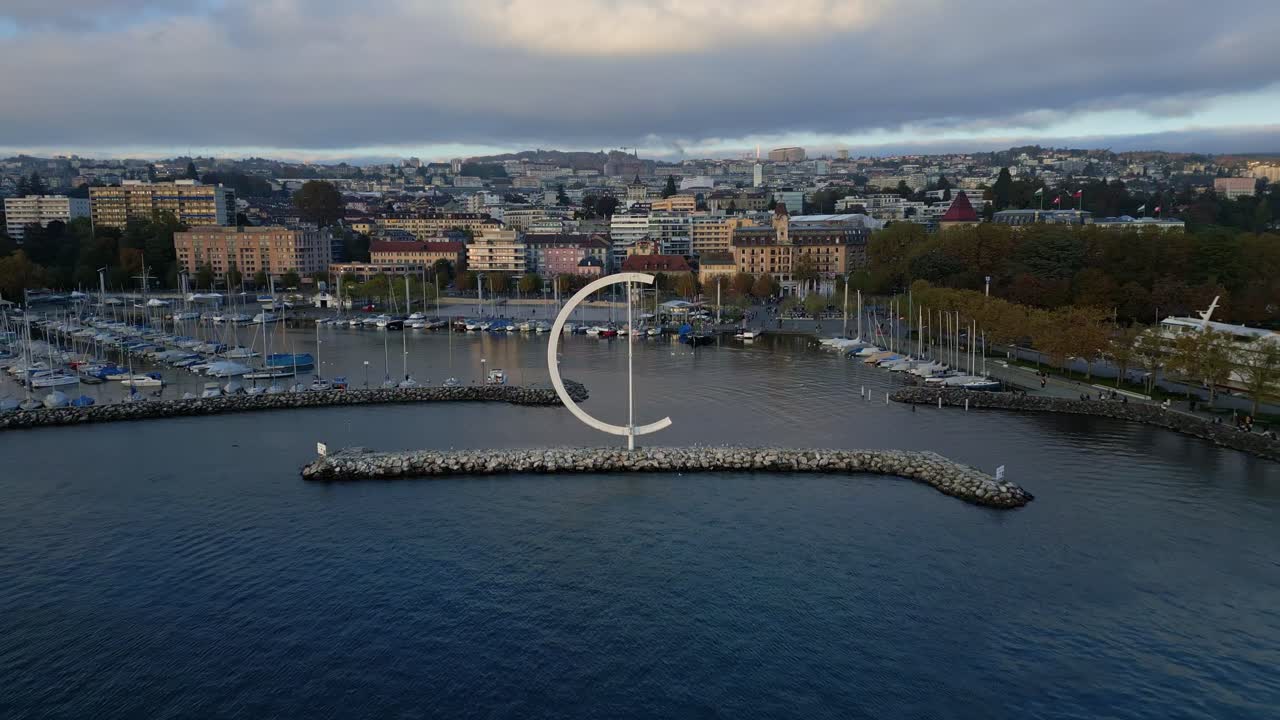 Push in drone shot of Eole Sculpture in Ouchy Lausanne in Switzerland