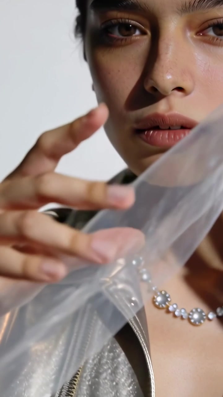 Video verticale: Modella che scivola, si allunga, sposta il velo sul viso sul set, mostrando una giacca lucida e perle
