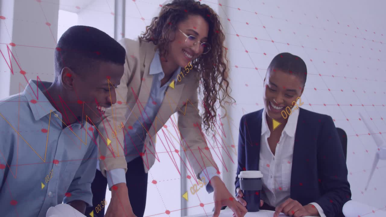 Animation of data processing over diverse business people in office