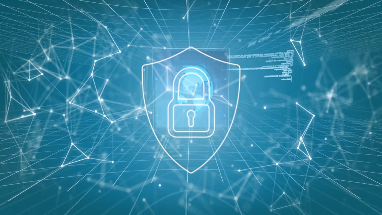 Animation of padlock, globe over communication network and data processing
