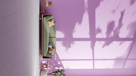 Vertikales-Wohnzimmer-Einer-Modernen-Wohnung-Mit-Couch-Und-Schatten-Von-Wolken,-Die-Sich-Bei-Sanfter-Sommerbrise-An-Der-Wand-Bewegen.-Rendering-Von-Animationsarchitektur,-Innenarchitekturkonzept-Im-Zeitraffer